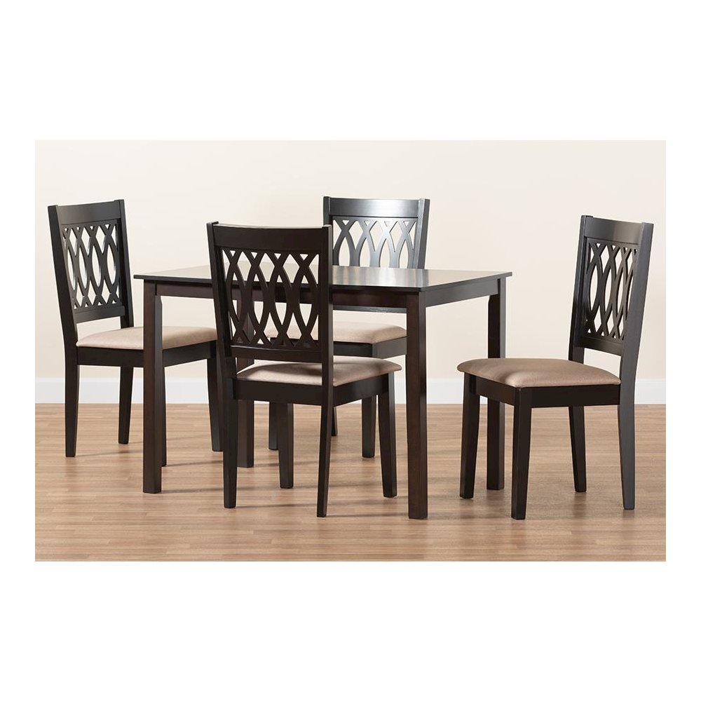 Beige Fabric and Espresso Brown Finished Wood 5-Piece Dining Set. Picture 9