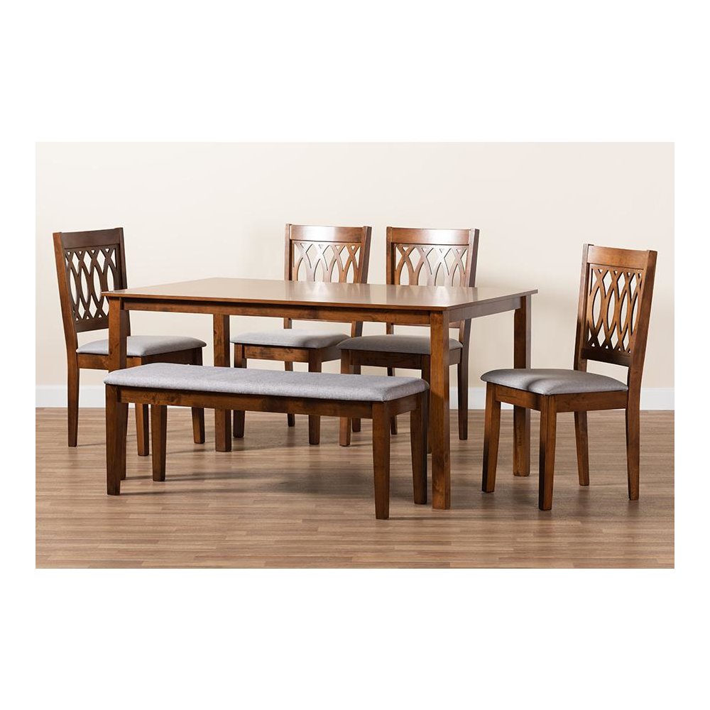 Florencia Modern Grey Fabric and Walnut Brown Finished Wood 6-Piece Dining Set. Picture 10