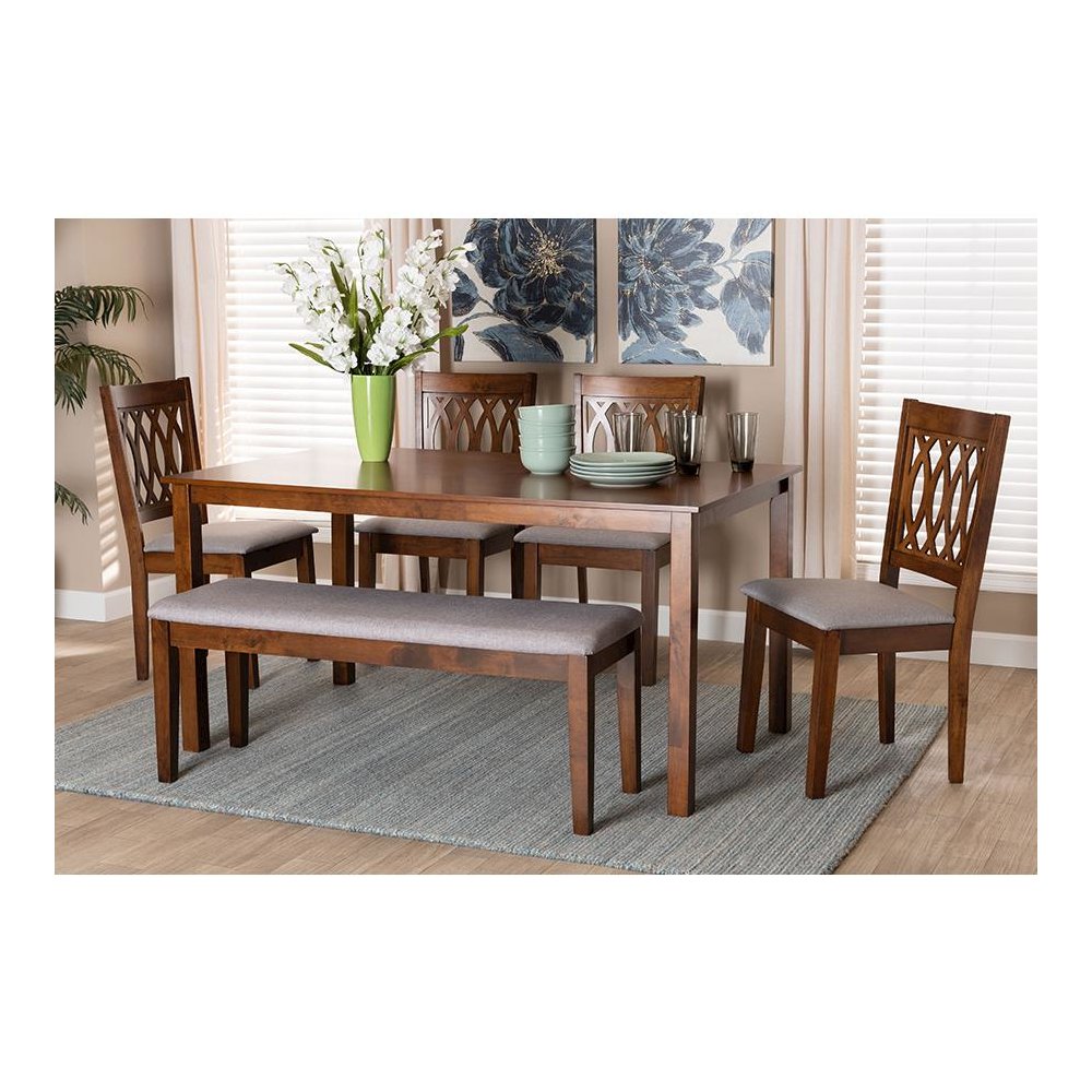 Florencia Modern Grey Fabric and Walnut Brown Finished Wood 6-Piece Dining Set. Picture 9
