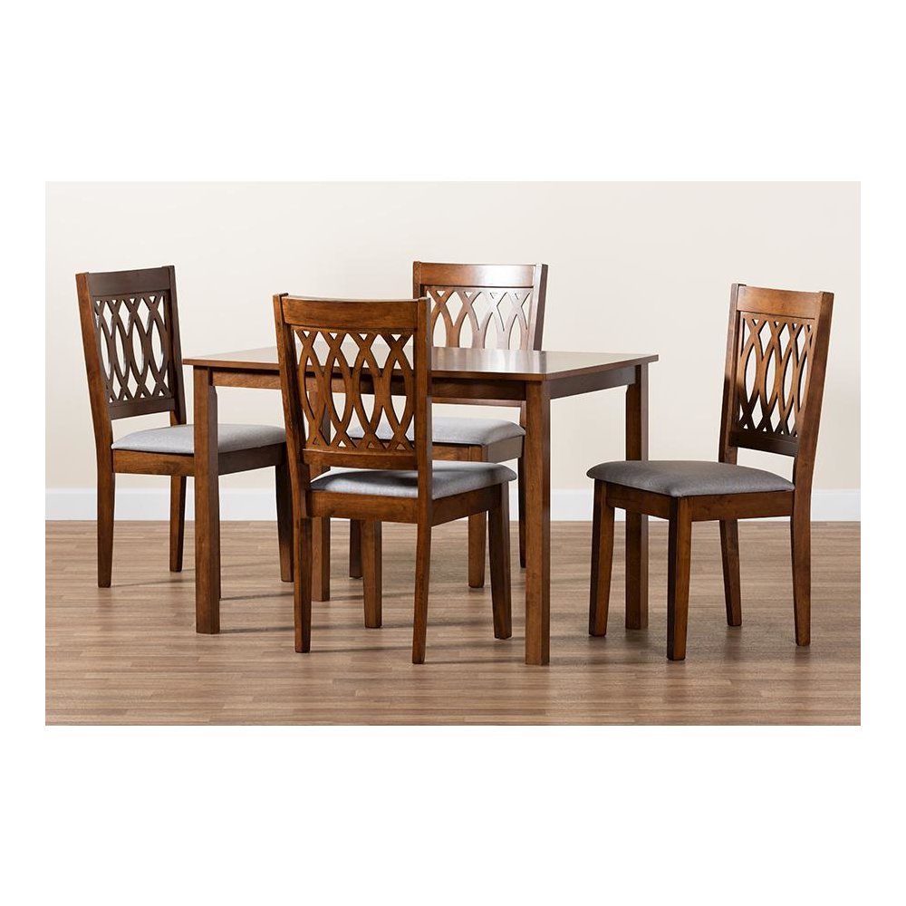 Florencia Modern Grey Fabric and Walnut Brown Finished Wood 5-Piece Dining Set. Picture 9