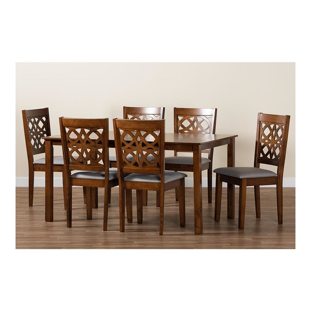 Abigail Modern Grey Fabric and Walnut Brown Finished Wood 7-Piece Dining Set. Picture 9