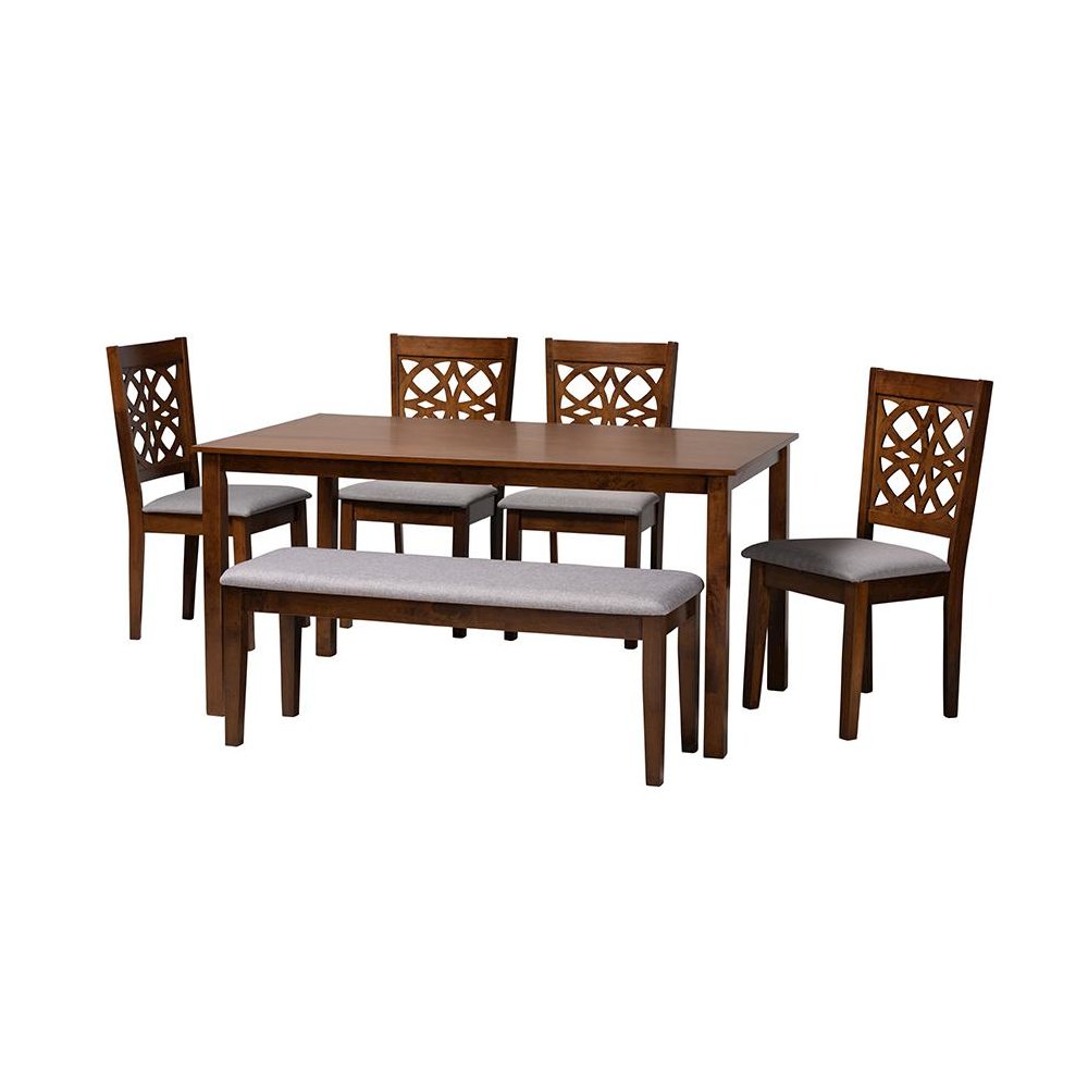 Abigail Modern Grey Fabric and Walnut Brown Finished Wood 6-Piece Dining Set. Picture 1