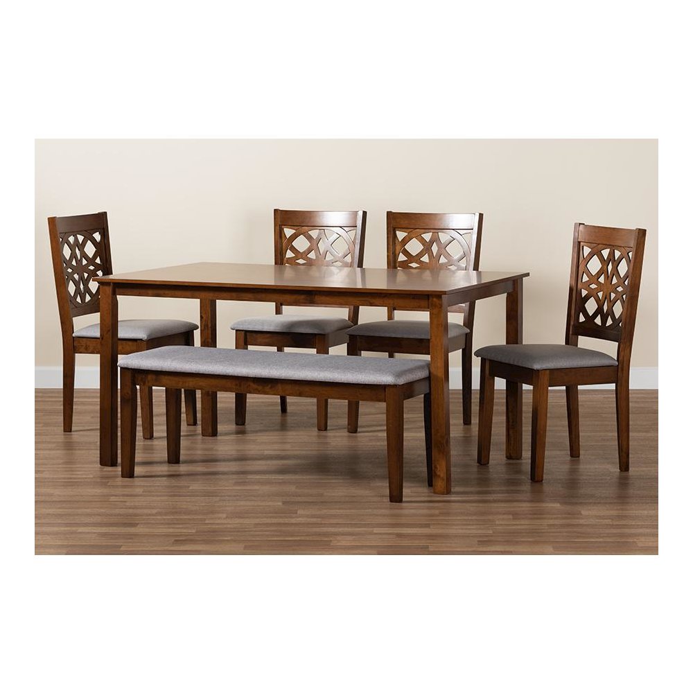 Abigail Modern Grey Fabric and Walnut Brown Finished Wood 6-Piece Dining Set. Picture 10