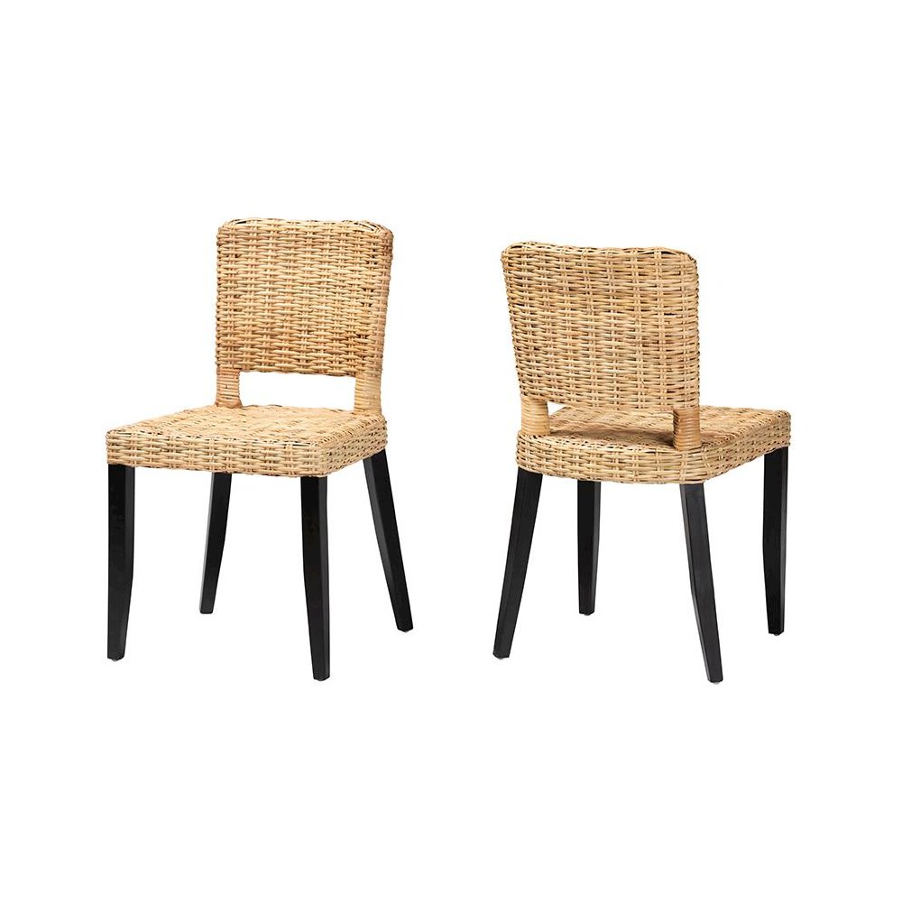 Bohemian Dark Brown Finished Wood and Natural Rattan 2-Piece Dining Chair Set. Picture 1
