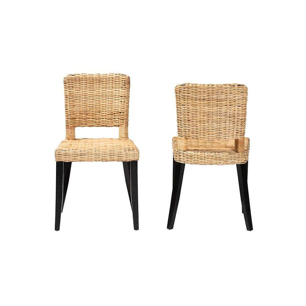 Bohemian Dark Brown Finished Wood and Natural Rattan 2-Piece Dining Chair Set. Picture 2