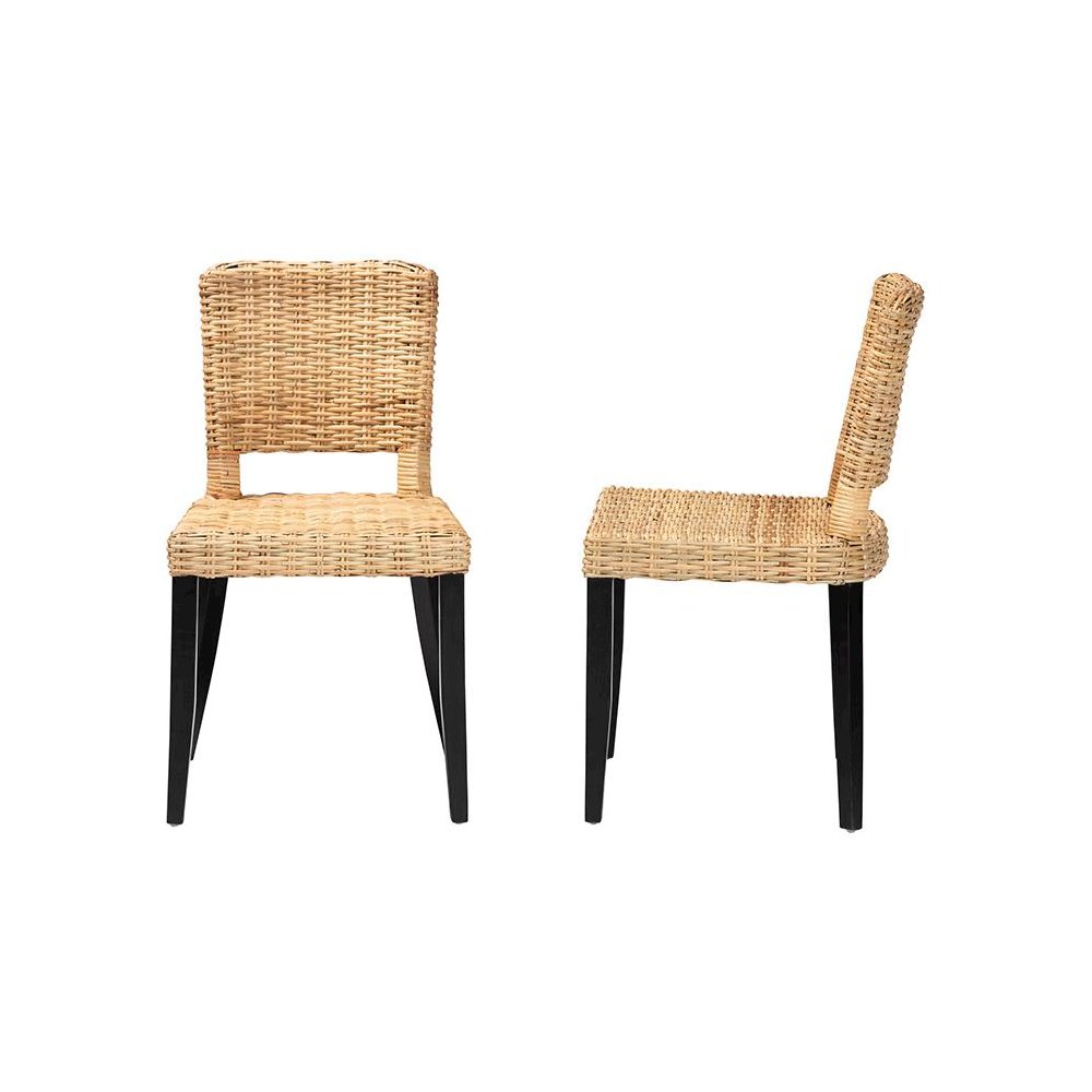 Bohemian Dark Brown Finished Wood and Natural Rattan 2-Piece Dining Chair Set. Picture 3