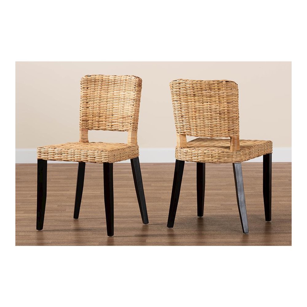 Bohemian Dark Brown Finished Wood and Natural Rattan 2-Piece Dining Chair Set. Picture 8