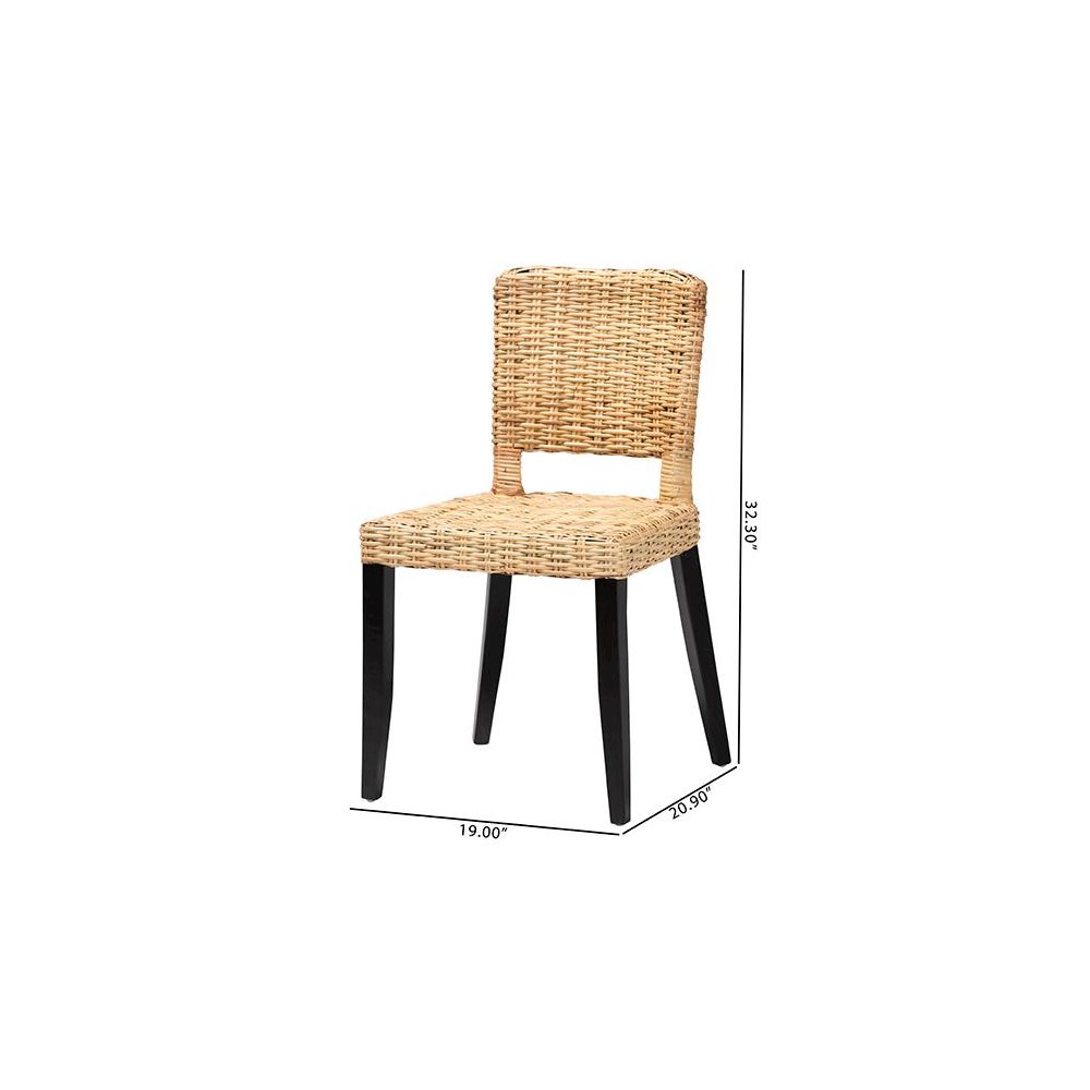 Bohemian Dark Brown Finished Wood and Natural Rattan 2-Piece Dining Chair Set. Picture 9