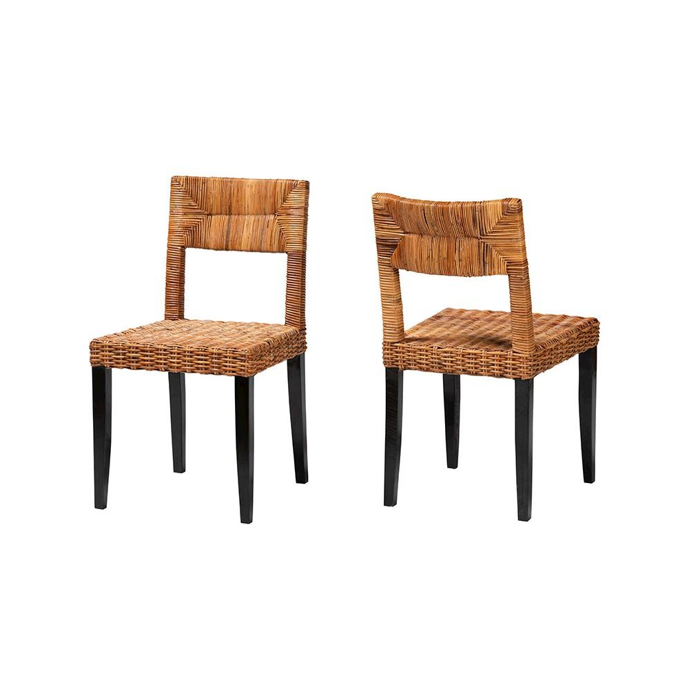 Bohemian Dark Brown Finished Wood and Natural Rattan 2-Piece Dining Chair Set. Picture 1