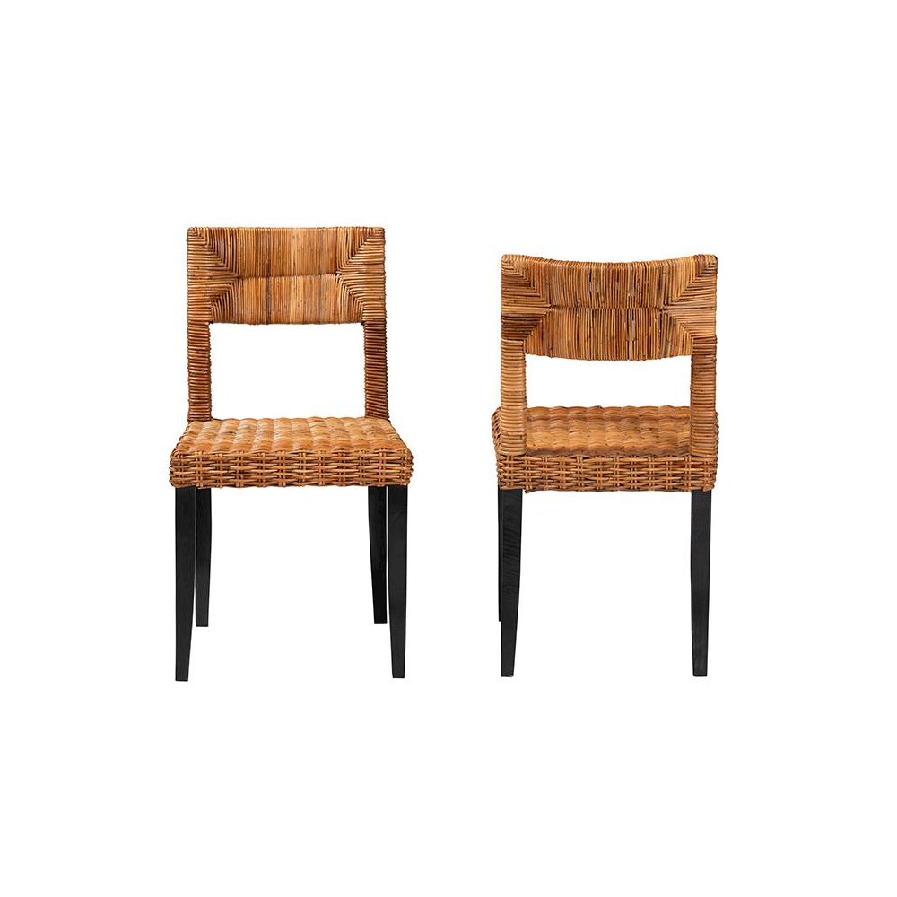 Bohemian Dark Brown Finished Wood and Natural Rattan 2-Piece Dining Chair Set. Picture 2