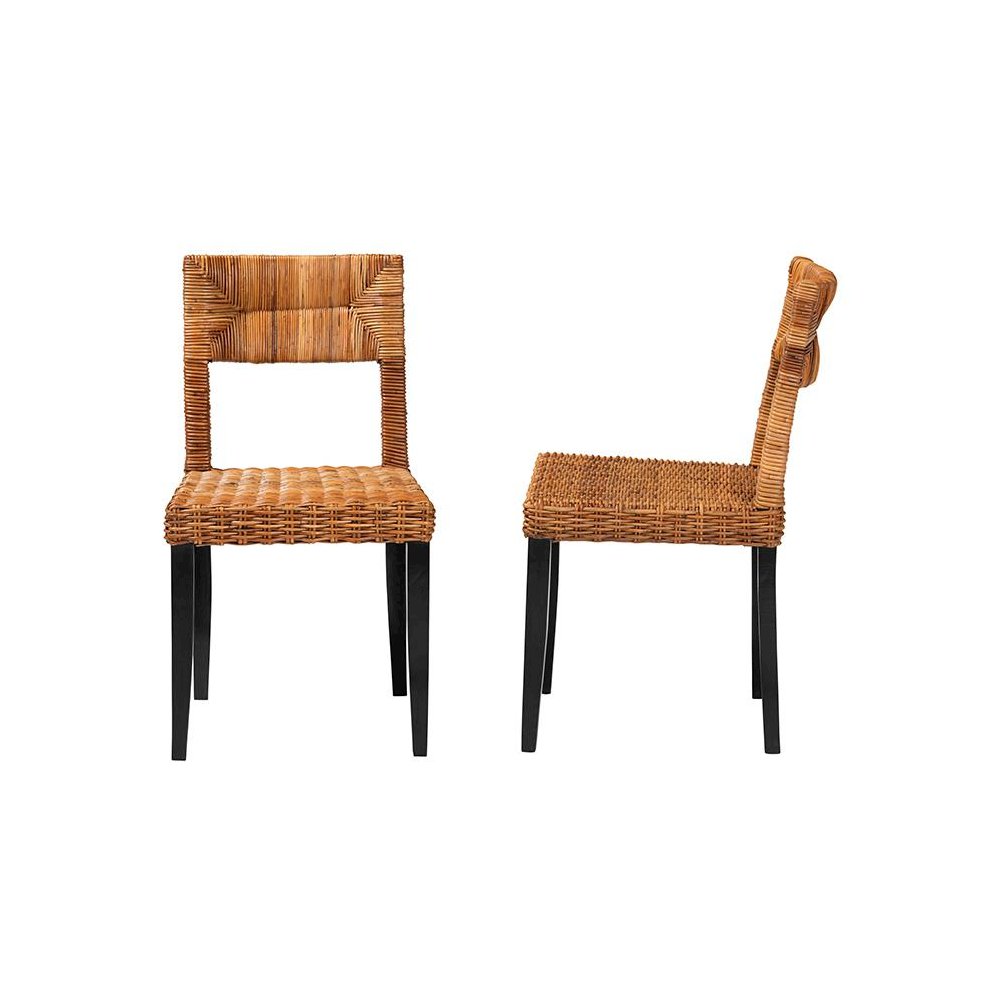 Bohemian Dark Brown Finished Wood and Natural Rattan 2-Piece Dining Chair Set. Picture 3