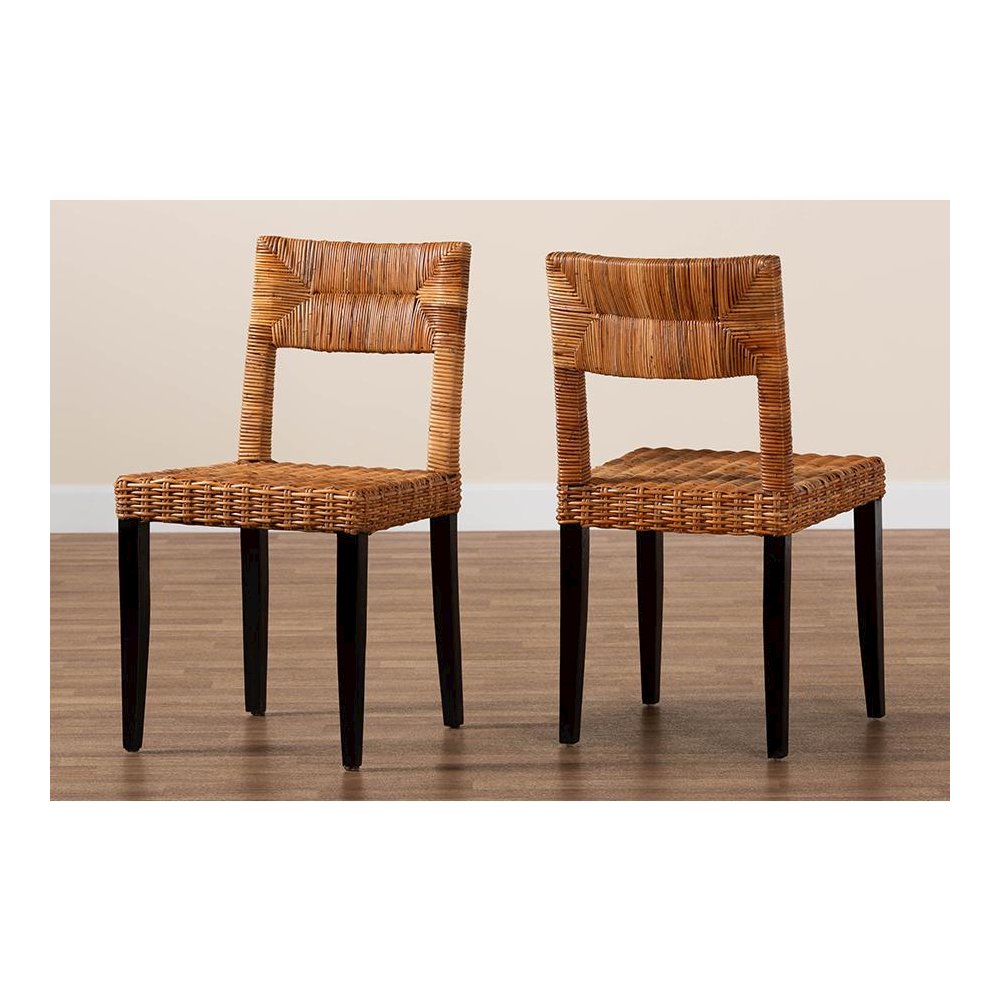 Bohemian Dark Brown Finished Wood and Natural Rattan 2-Piece Dining Chair Set. Picture 8