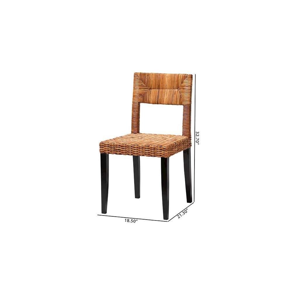 Bohemian Dark Brown Finished Wood and Natural Rattan 2-Piece Dining Chair Set. Picture 9