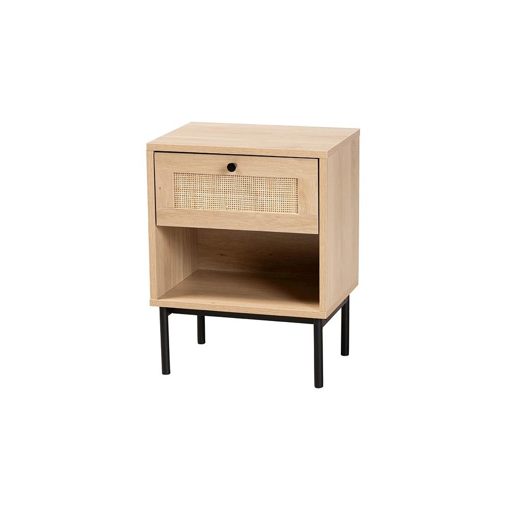 Light Brown and Black 1-Drawer End Table with Woven Rattan Accent. Picture 1