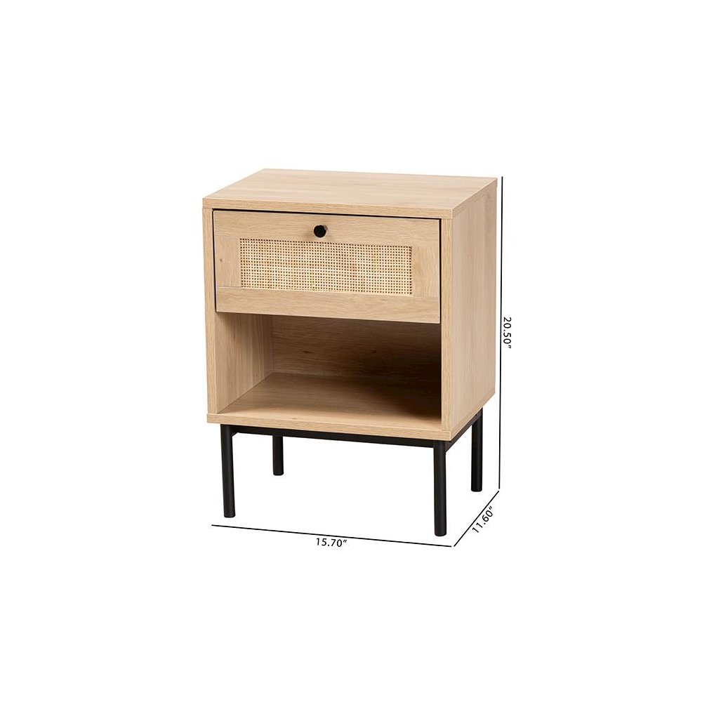 Light Brown and Black 1-Drawer End Table with Woven Rattan Accent. Picture 10