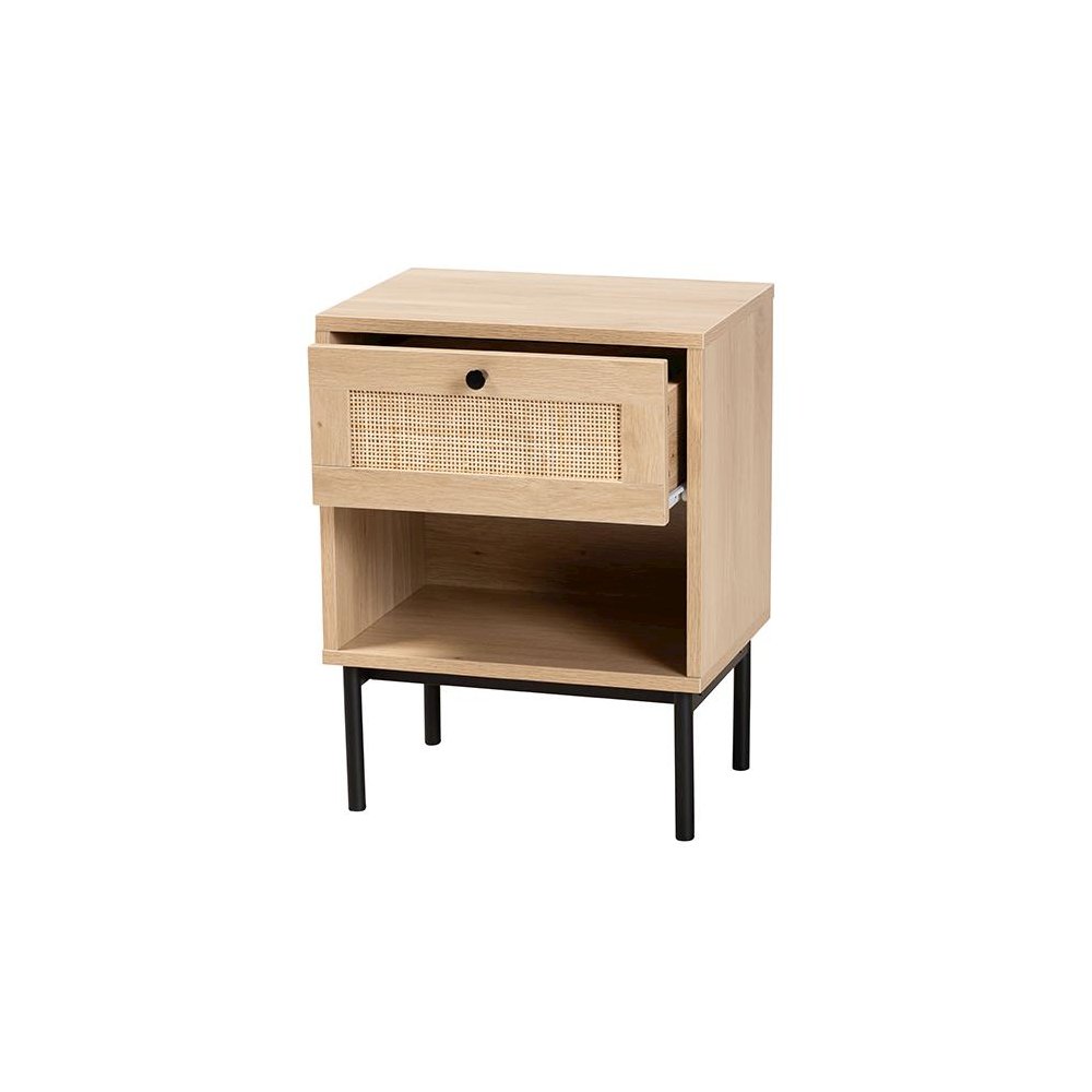 Light Brown and Black 1-Drawer End Table with Woven Rattan Accent. Picture 2