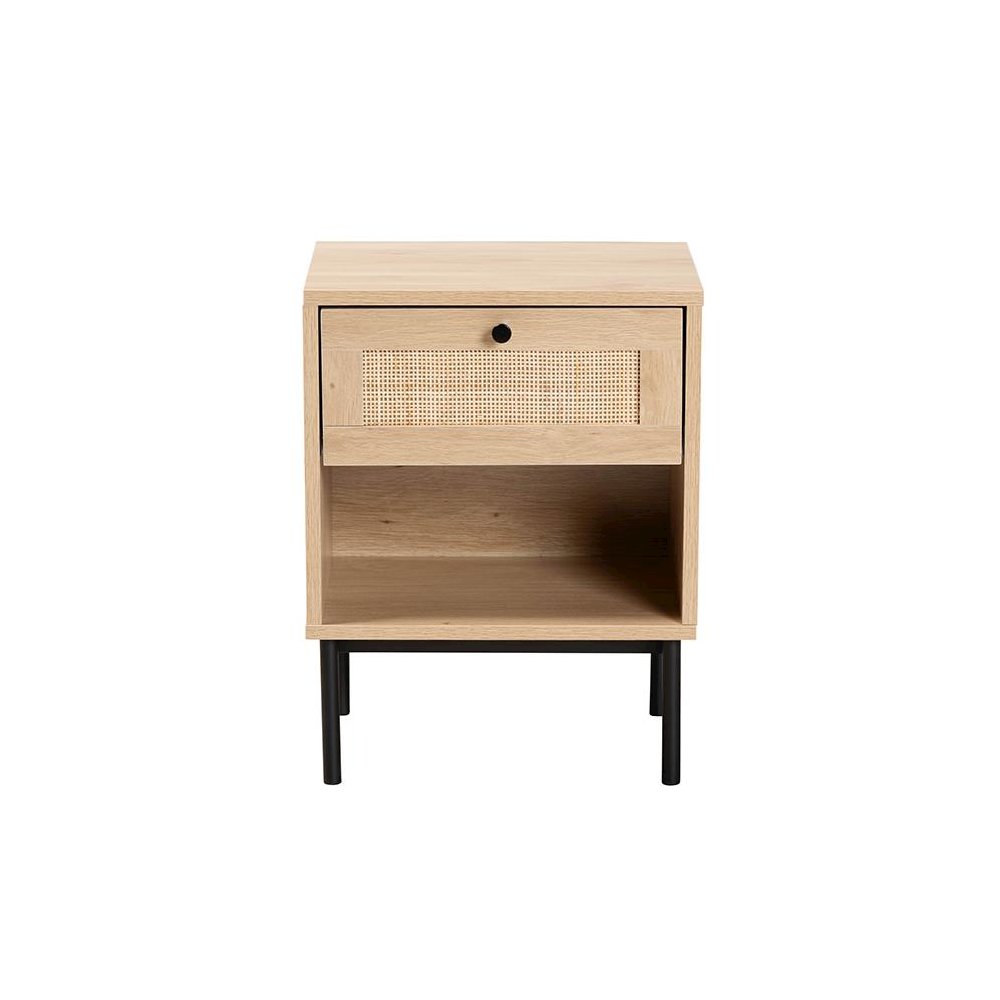 Light Brown and Black 1-Drawer End Table with Woven Rattan Accent. Picture 3