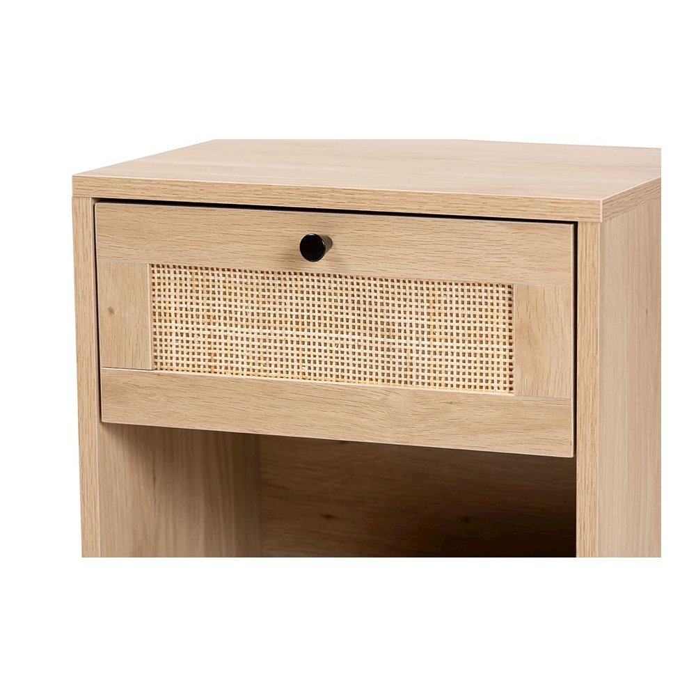 Light Brown and Black 1-Drawer End Table with Woven Rattan Accent. Picture 5