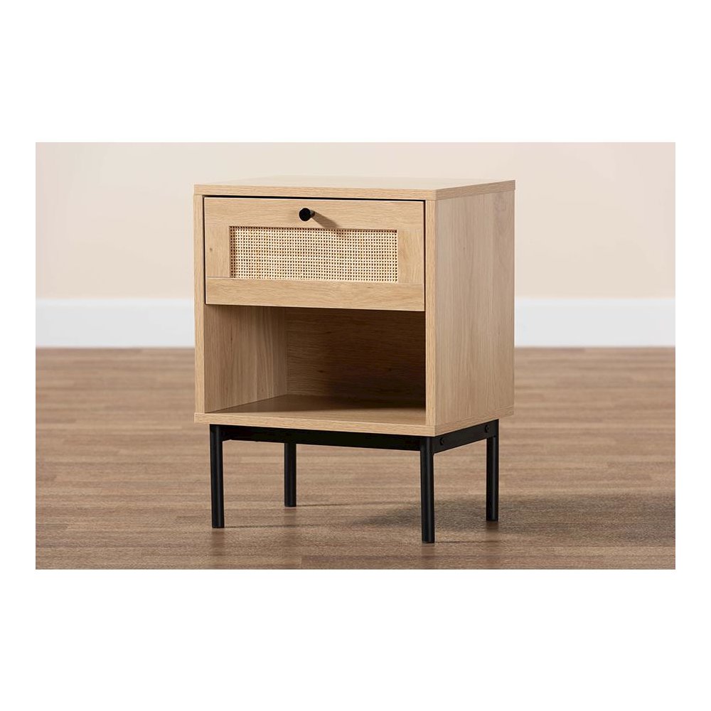 Light Brown and Black 1-Drawer End Table with Woven Rattan Accent. Picture 9