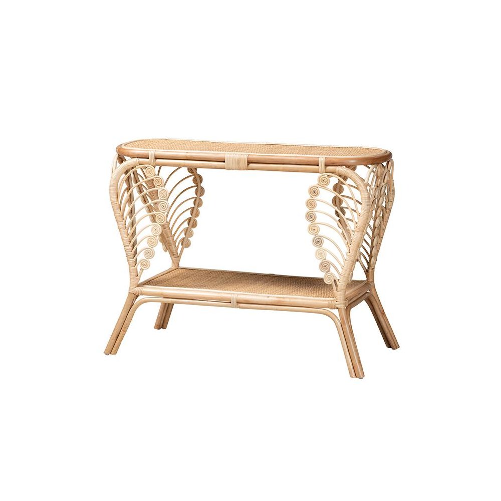 bali & pari Bastet Modern Bohemian Natural Brown Rattan 2-Tier Console Table. Picture 1