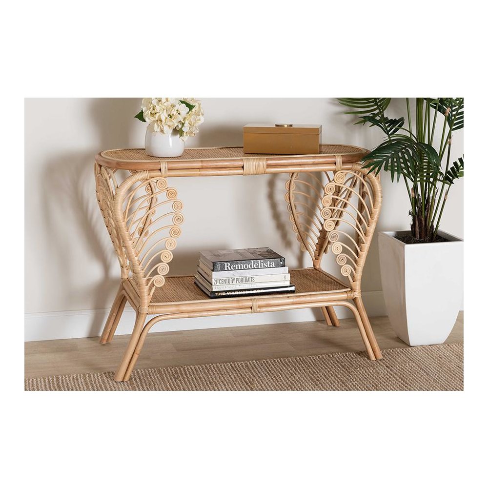 bali & pari Bastet Modern Bohemian Natural Brown Rattan 2-Tier Console Table. Picture 7