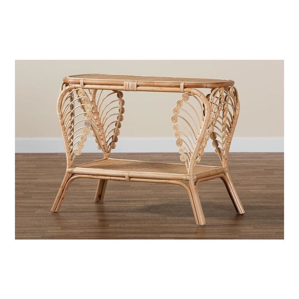 bali & pari Bastet Modern Bohemian Natural Brown Rattan 2-Tier Console Table. Picture 8