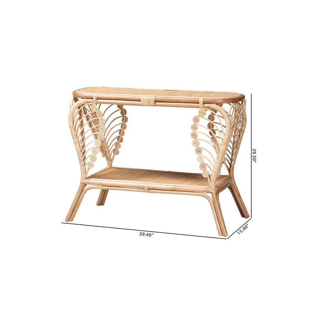 bali & pari Bastet Modern Bohemian Natural Brown Rattan 2-Tier Console Table. Picture 9