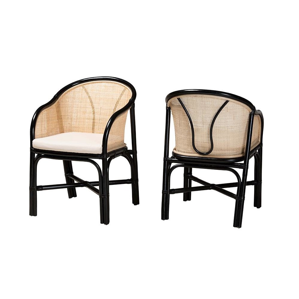 Bohemian Two-Tone Black and Natural Brown Rattan 2-Piece Dining Chair Set. Picture 1