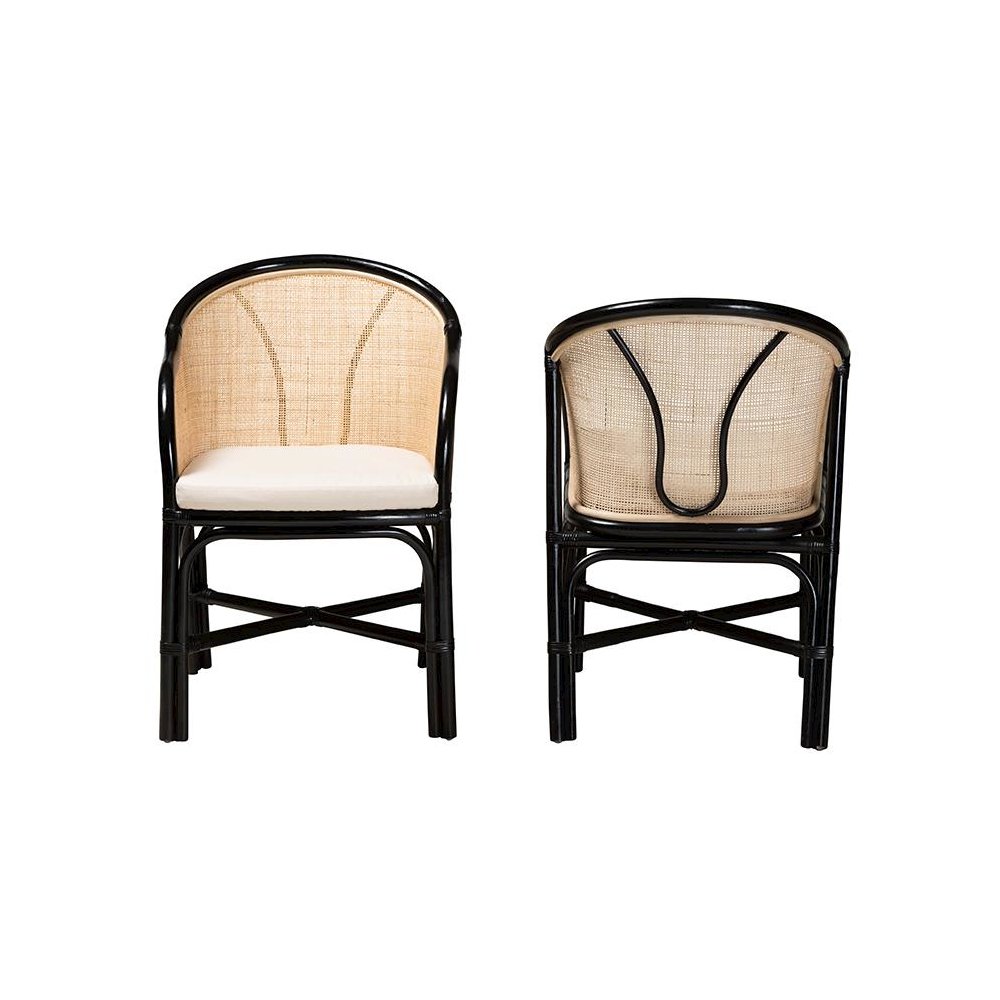 Bohemian Two-Tone Black and Natural Brown Rattan 2-Piece Dining Chair Set. Picture 2