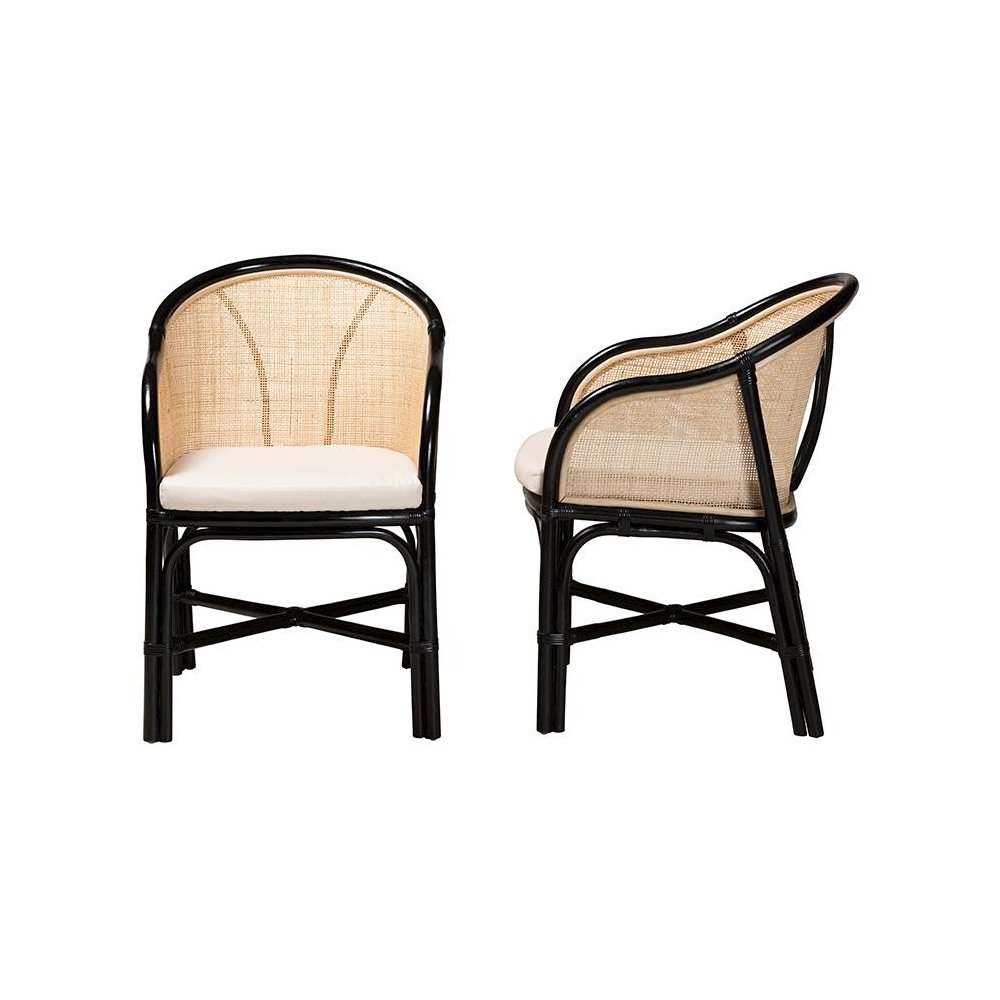 Bohemian Two-Tone Black and Natural Brown Rattan 2-Piece Dining Chair Set. Picture 3