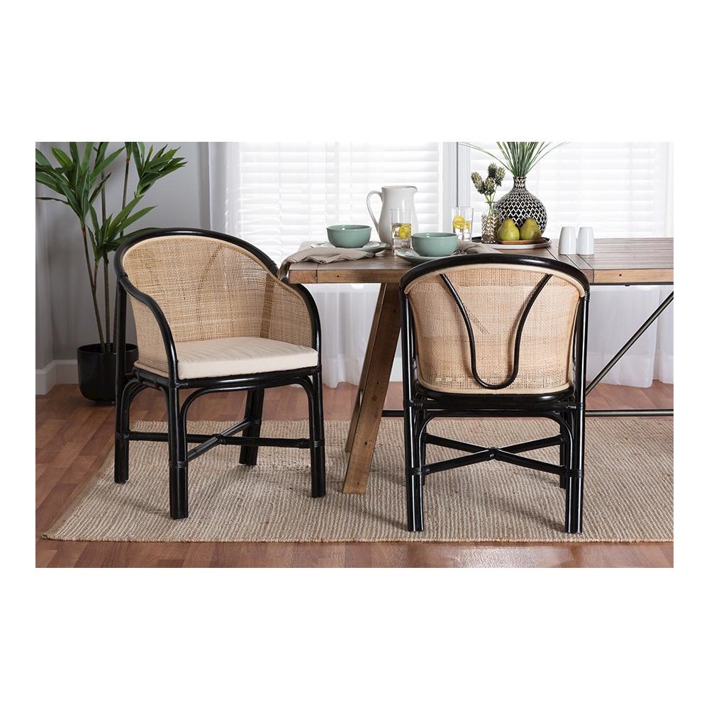 Bohemian Two-Tone Black and Natural Brown Rattan 2-Piece Dining Chair Set. Picture 7