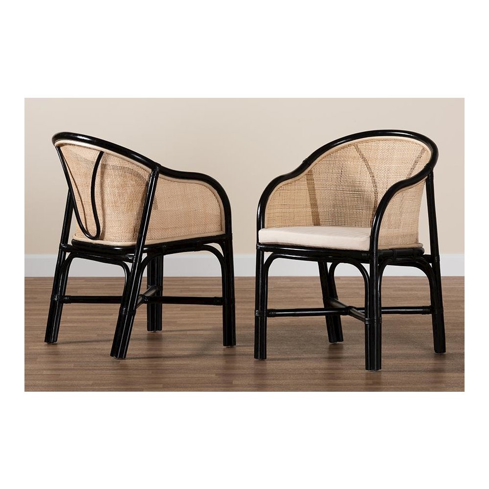 Bohemian Two-Tone Black and Natural Brown Rattan 2-Piece Dining Chair Set. Picture 8