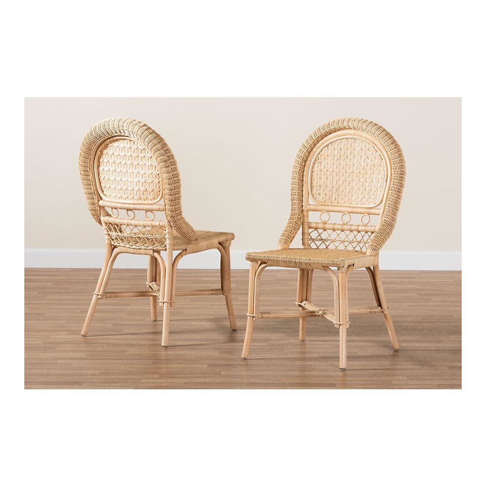 bali & pari Jelita Modern Bohemian Natural Brown Rattan 2-Piece Dining Chair Set. Picture 8
