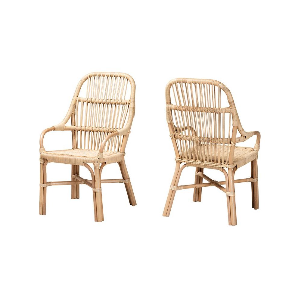 Bohemian Natural Brown Rattan 2-Piece Dining Chair Set. Picture 1