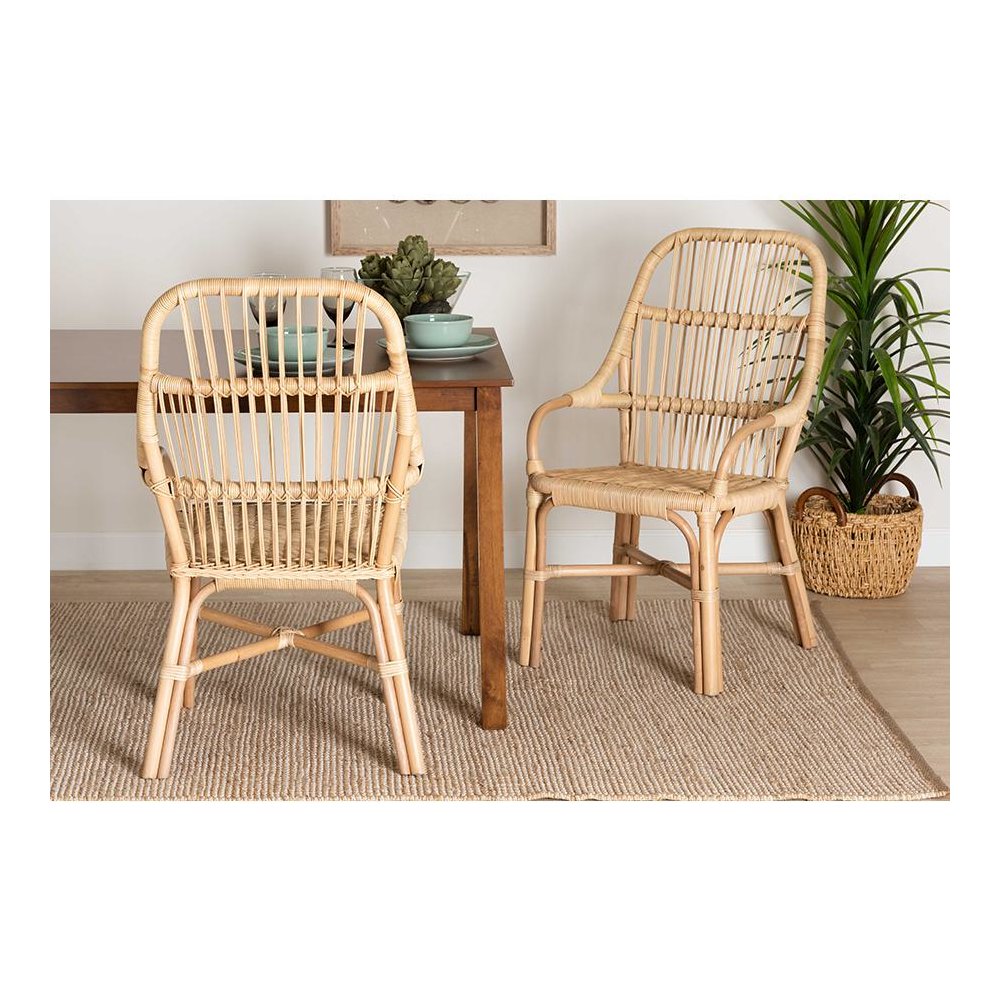 Bohemian Natural Brown Rattan 2-Piece Dining Chair Set. Picture 7