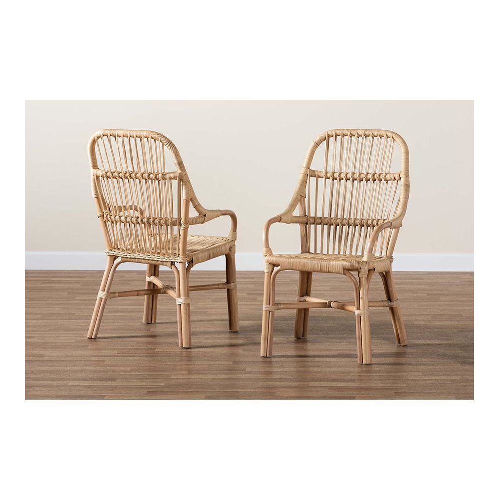 Bohemian Natural Brown Rattan 2-Piece Dining Chair Set. Picture 8