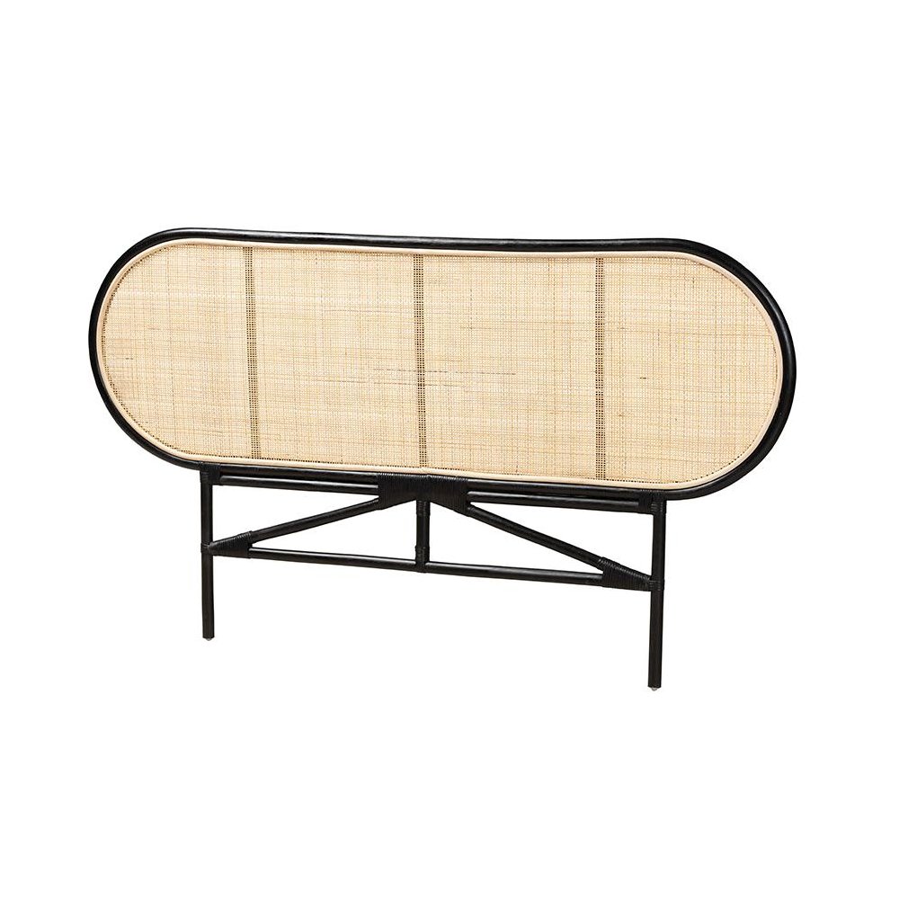 Bohemian Two-Tone Black and Natural Brown Rattan Queen Size Standalone Headboard. Picture 1