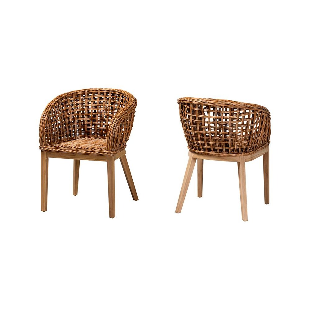 Bohemian Natural Brown Finished Teak Wood and Rattan 2-Piece Dining Chair Set. Picture 1