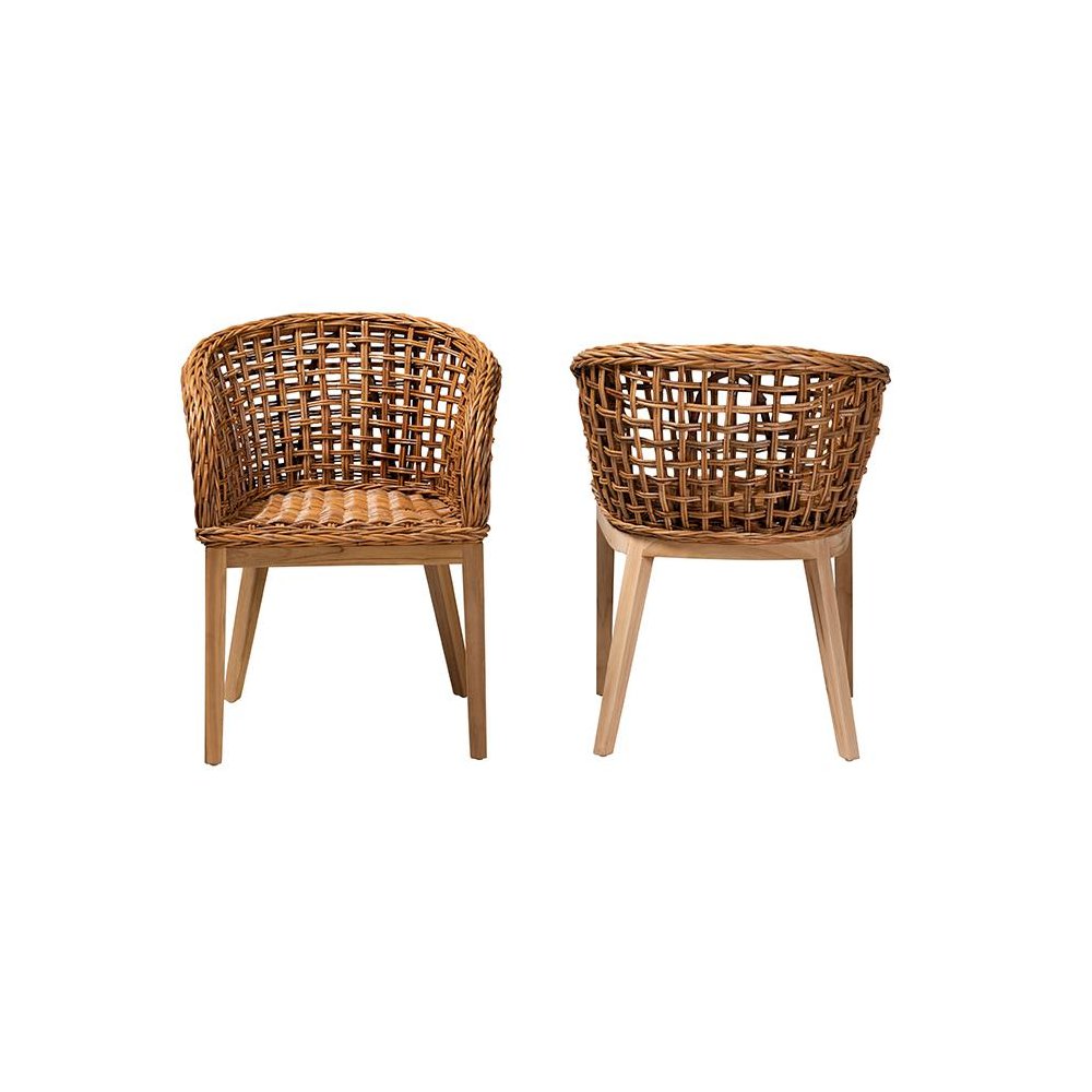 Bohemian Natural Brown Finished Teak Wood and Rattan 2-Piece Dining Chair Set. Picture 2