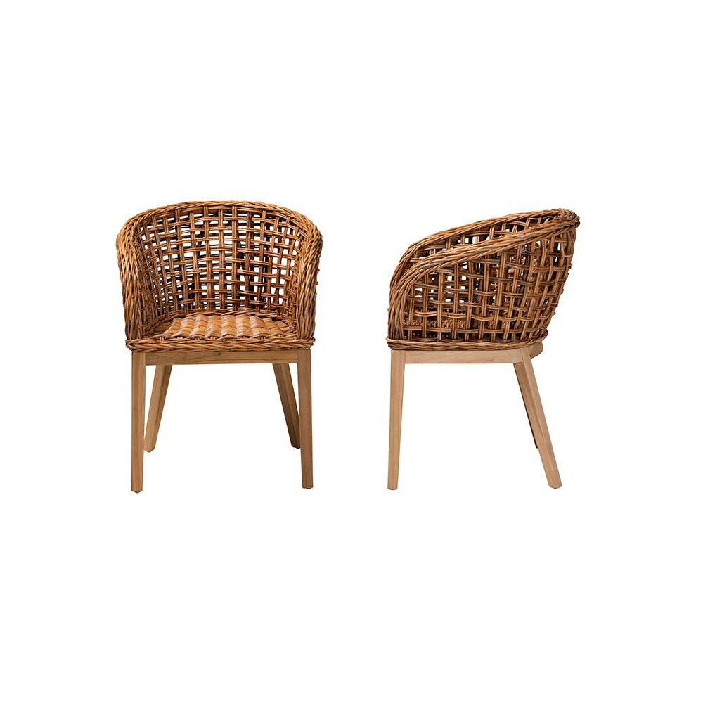 Bohemian Natural Brown Finished Teak Wood and Rattan 2-Piece Dining Chair Set. Picture 3