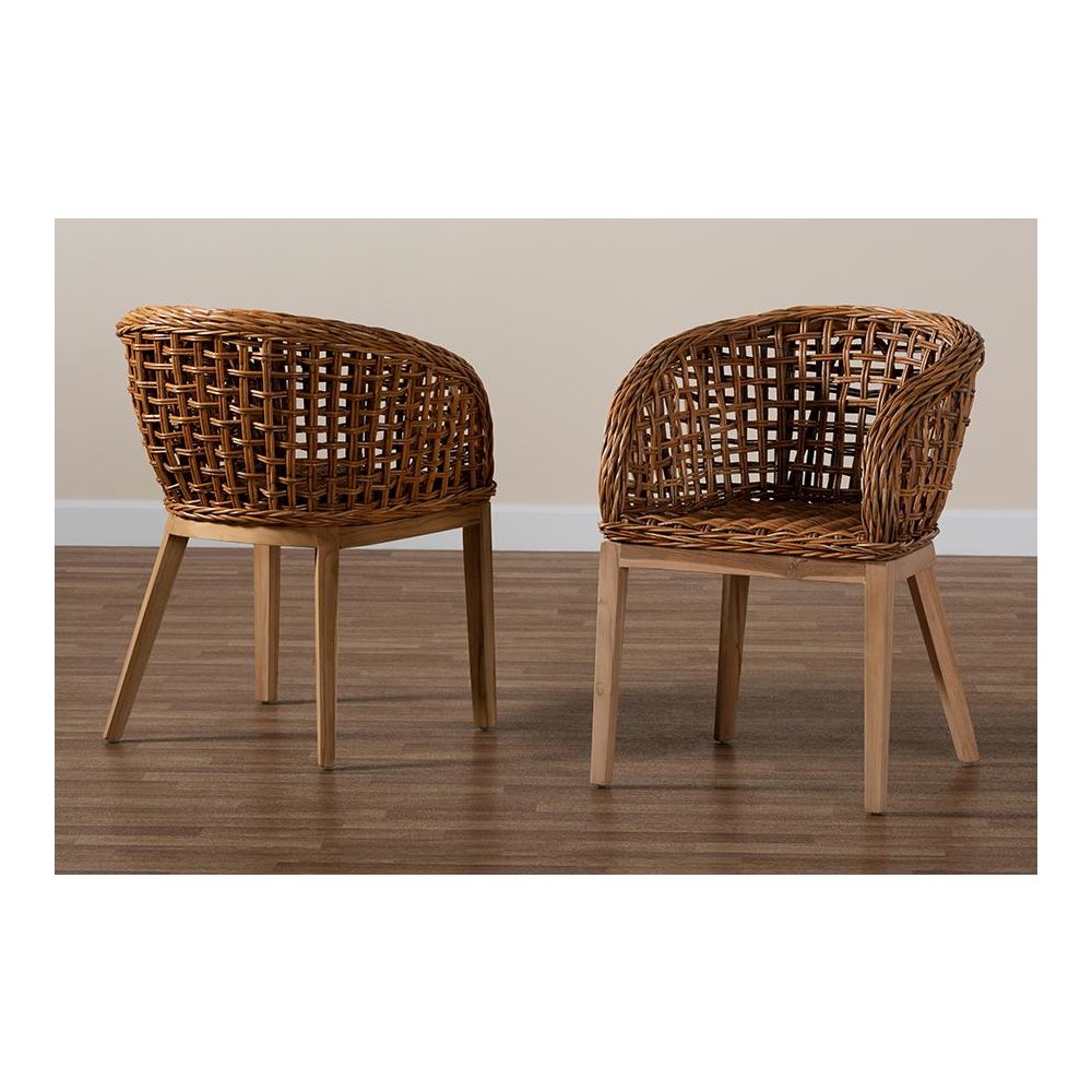 Bohemian Natural Brown Finished Teak Wood and Rattan 2-Piece Dining Chair Set. Picture 8