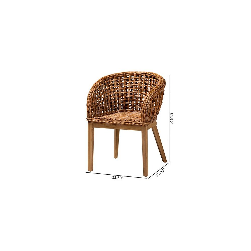 Bohemian Natural Brown Finished Teak Wood and Rattan 2-Piece Dining Chair Set. Picture 9