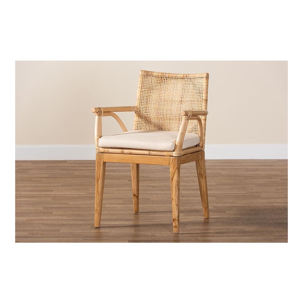 Bohemian Natural Brown Finished Teak Wood and Rattan 2-Piece Dining Chair Set. Picture 9