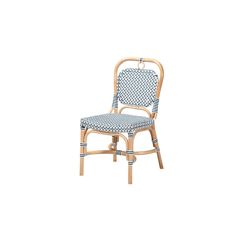 French Blue and White Weaving Natural Rattan Bistro Chair. Picture 1
