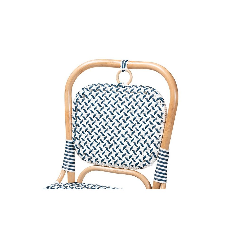 French Blue and White Weaving Natural Rattan Bistro Chair. Picture 5