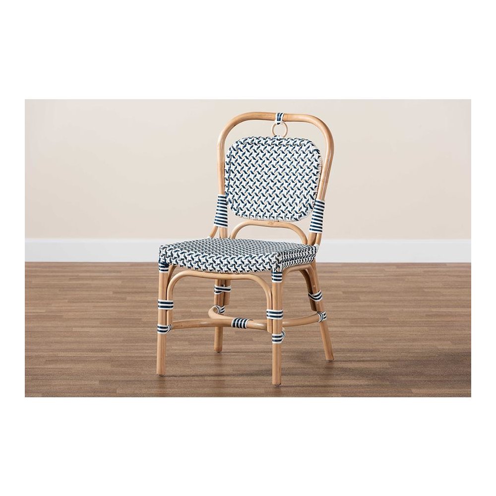 French Blue and White Weaving Natural Rattan Bistro Chair. Picture 9