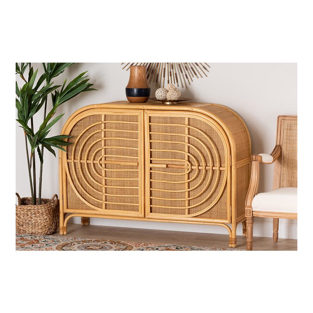 bali & pari Ovalet Modern Bohemian Natural Brown Rattan 2-Door Sideboard. Picture 8