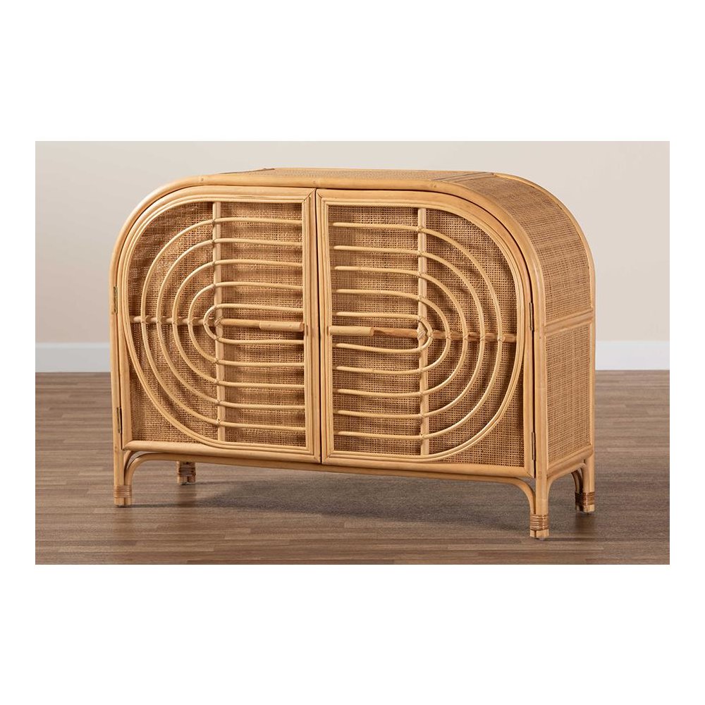 bali & pari Ovalet Modern Bohemian Natural Brown Rattan 2-Door Sideboard. Picture 9