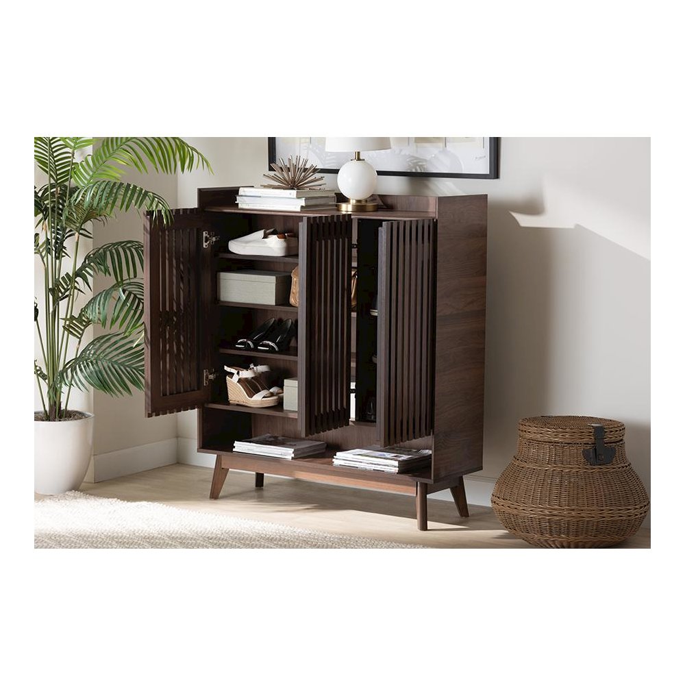 Baxton Studio Delaire Mid-Century Modern Walnut Brown Finished Wood Shoe Cabinet. Picture 9