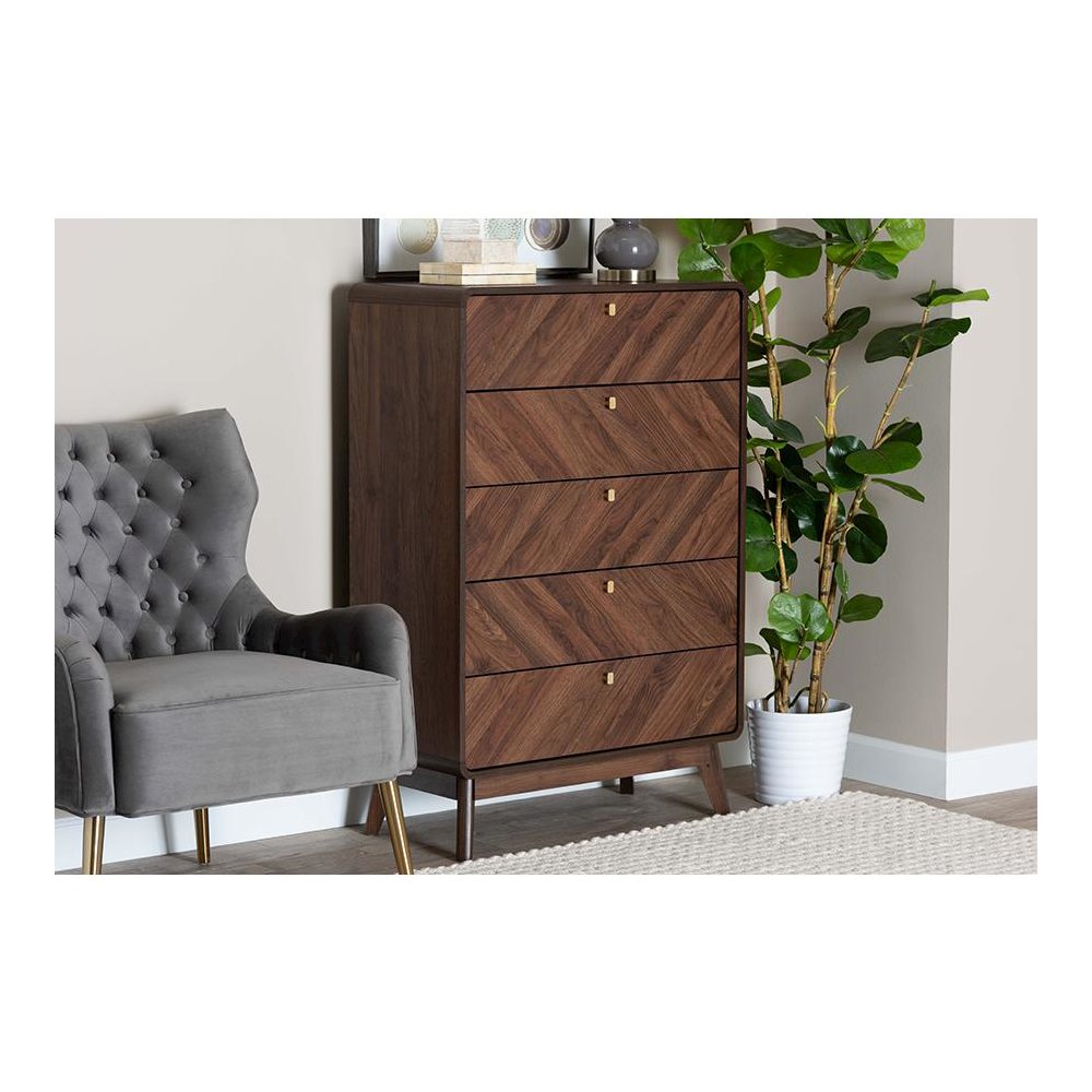 Transitional Walnut Brown Finished Wood 5-Drawer Storage Chest. Picture 8
